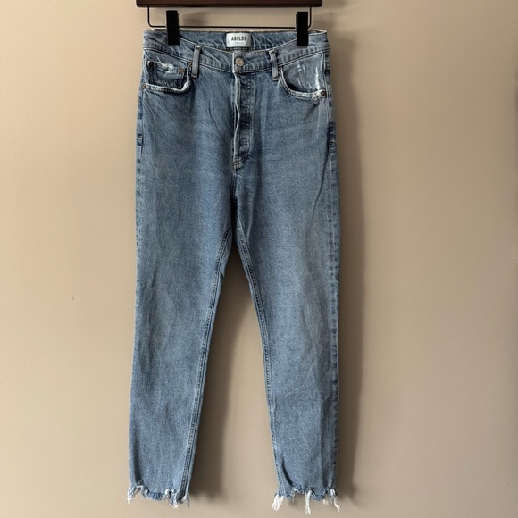 AGOLDE NICO HIGH RISE SLIM JEAN W RAW DISTRESSED HEM SIZE 27 MED BLUE WASH - Picture 1 of 15